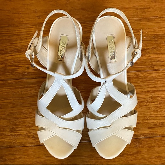 Guess White Strappy Wood Platform 5” Heels - Picture 3 of 8